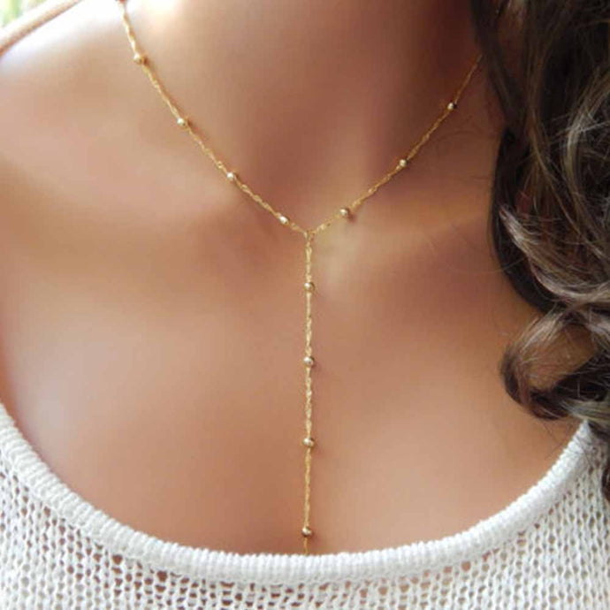 Gold Beaded Lariat Necklace
